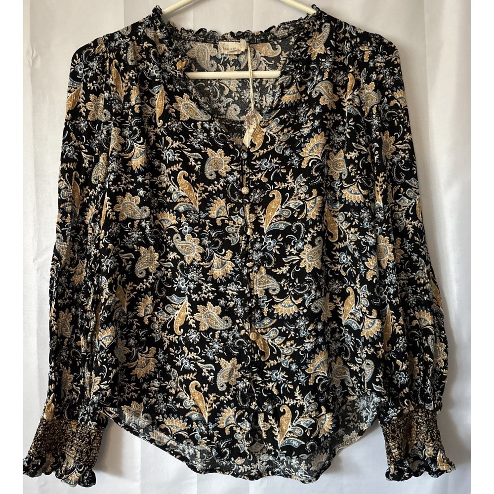 Women's Hem & Thread‎ S Ruffle Sleeve Button Front Boho Pheasant Blouse NWT